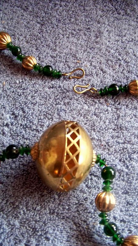 Large Necklace, Brass & Plastic Green Beads, 31" Long Large Necklace, Brass & Plastic Green Beads, 31" Long