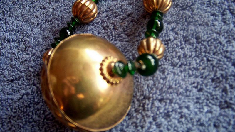 Large Necklace, Brass & Plastic Green Beads, 31" Long Large Necklace, Brass & Plastic Green Beads, 31" Long