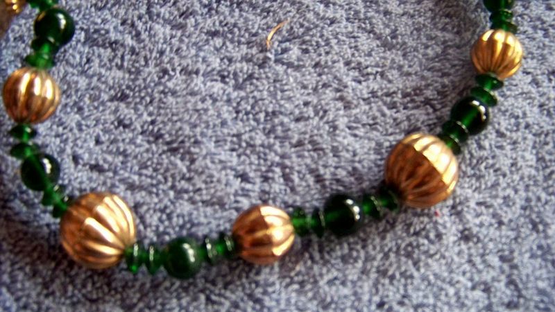 Large Necklace, Brass & Plastic Green Beads, 31" Long Large Necklace, Brass & Plastic Green Beads, 31" Long