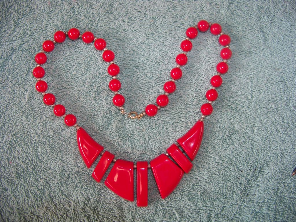 Red Plastic Necklace W Beads & Chunks Red Plastic Necklace W Beads & Chunks