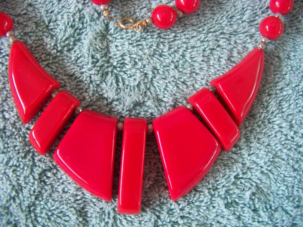 Red Plastic Necklace W Beads & Chunks Red Plastic Necklace W Beads & Chunks