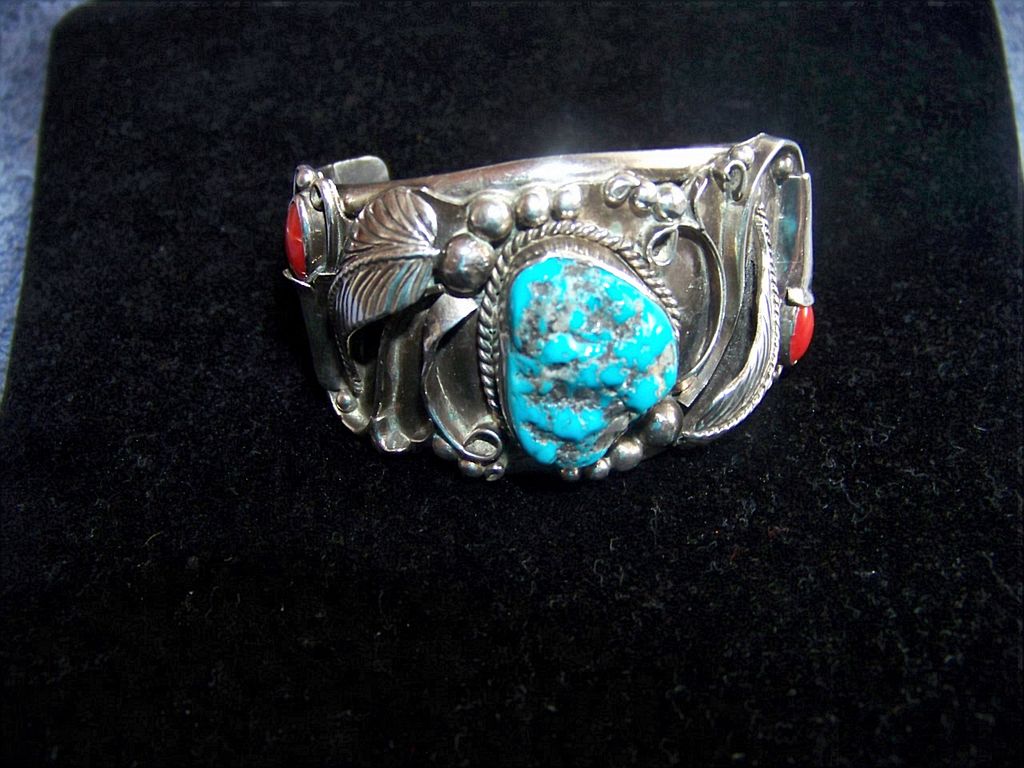 Large Vintage Navajo Silver Turquoise & Coral Bracelet, Signed 1970's Large Vintage Navajo Silver Turquoise & Coral Bracelet, Signed 1970's