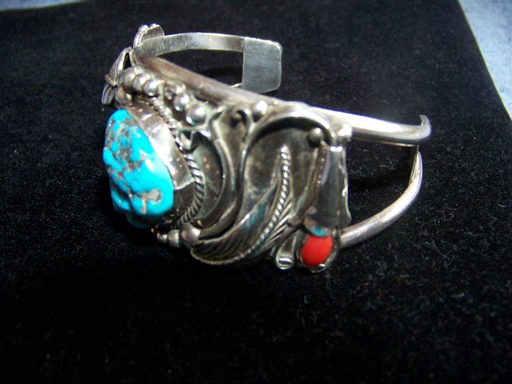 Large Vintage Navajo Silver Turquoise & Coral Bracelet, Signed 1970's Large Vintage Navajo Silver Turquoise & Coral Bracelet, Signed 1970's