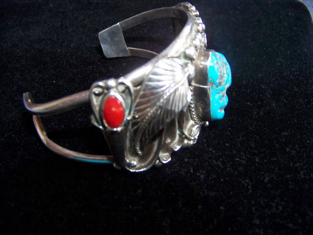 Large Vintage Navajo Silver Turquoise & Coral Bracelet, Signed 1970's Large Vintage Navajo Silver Turquoise & Coral Bracelet, Signed 1970's
