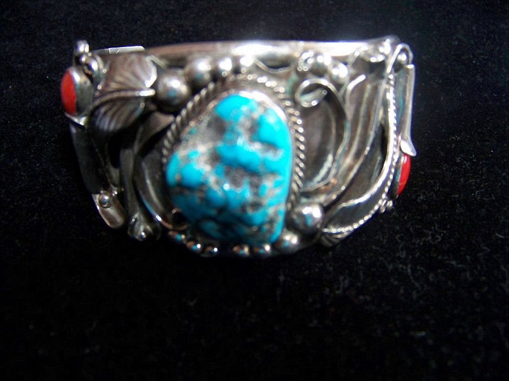 Large Vintage Navajo Silver Turquoise & Coral Bracelet, Signed 1970's Large Vintage Navajo Silver Turquoise & Coral Bracelet, Signed 1970's