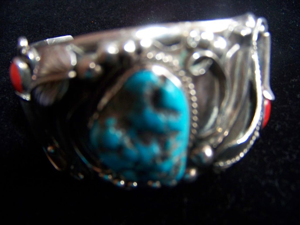 Large Vintage Navajo Silver Turquoise & Coral Bracelet, Signed 1970's Large Vintage Navajo Silver Turquoise & Coral Bracelet, Signed 1970's