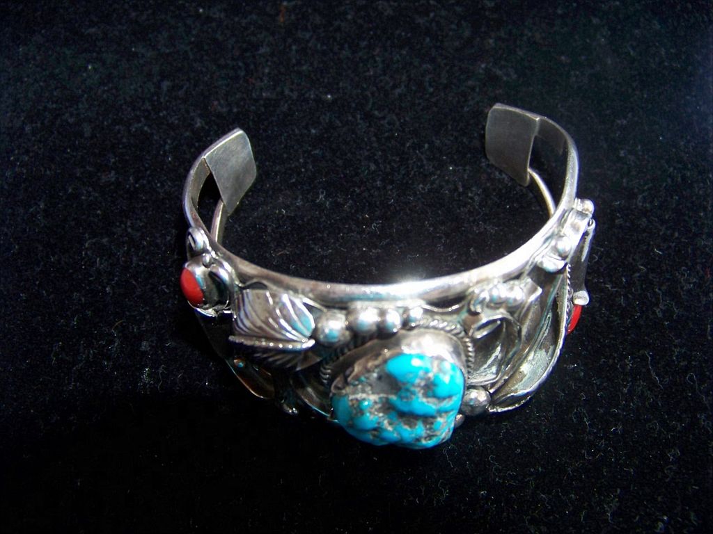 Large Vintage Navajo Silver Turquoise & Coral Bracelet, Signed 1970's Large Vintage Navajo Silver Turquoise & Coral Bracelet, Signed 1970's