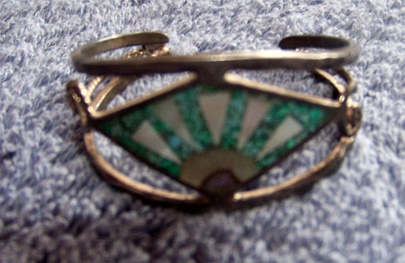 Vintage Child's Southwestern Cuff Bracelet W Mother of Pearl & Turquoise Inlay, Baby Vintage Child's Southwestern Cuff Bracelet W Mother of Pearl & Turquoise Inlay, Baby