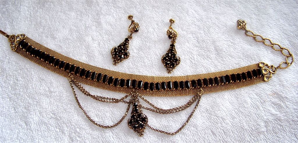 Edwardian Victorian Chocker Necklace & Earring Set, Black Glass, Gold Filled Edwardian Victorian Chocker Necklace & Earring Set, Black Glass, Gold Filled