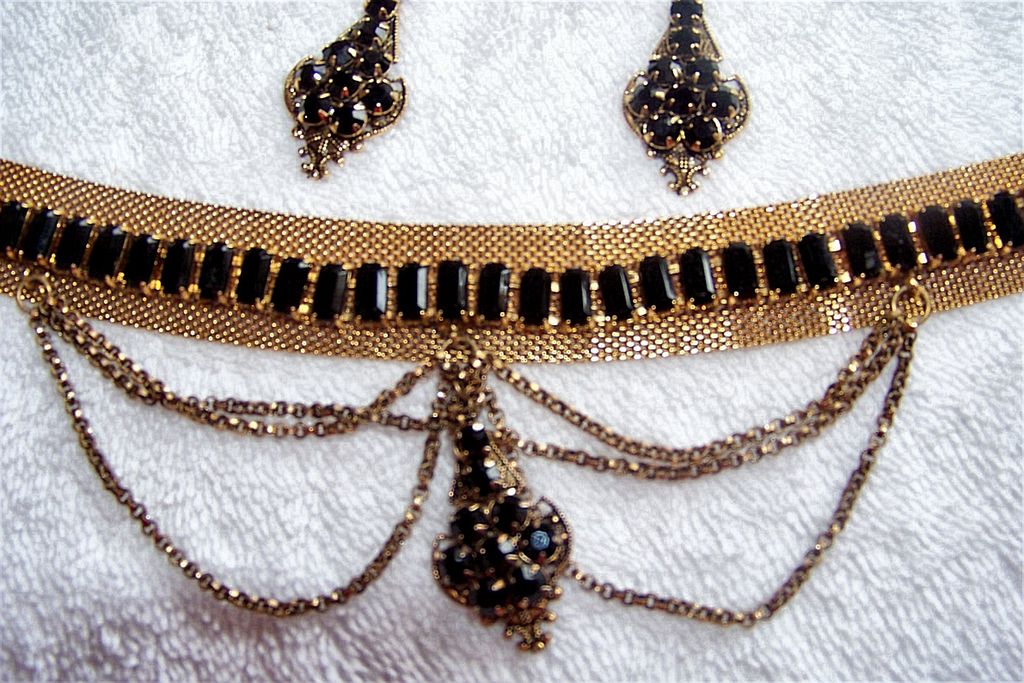 Edwardian Victorian Chocker Necklace & Earring Set, Black Glass, Gold Filled Edwardian Victorian Chocker Necklace & Earring Set, Black Glass, Gold Filled