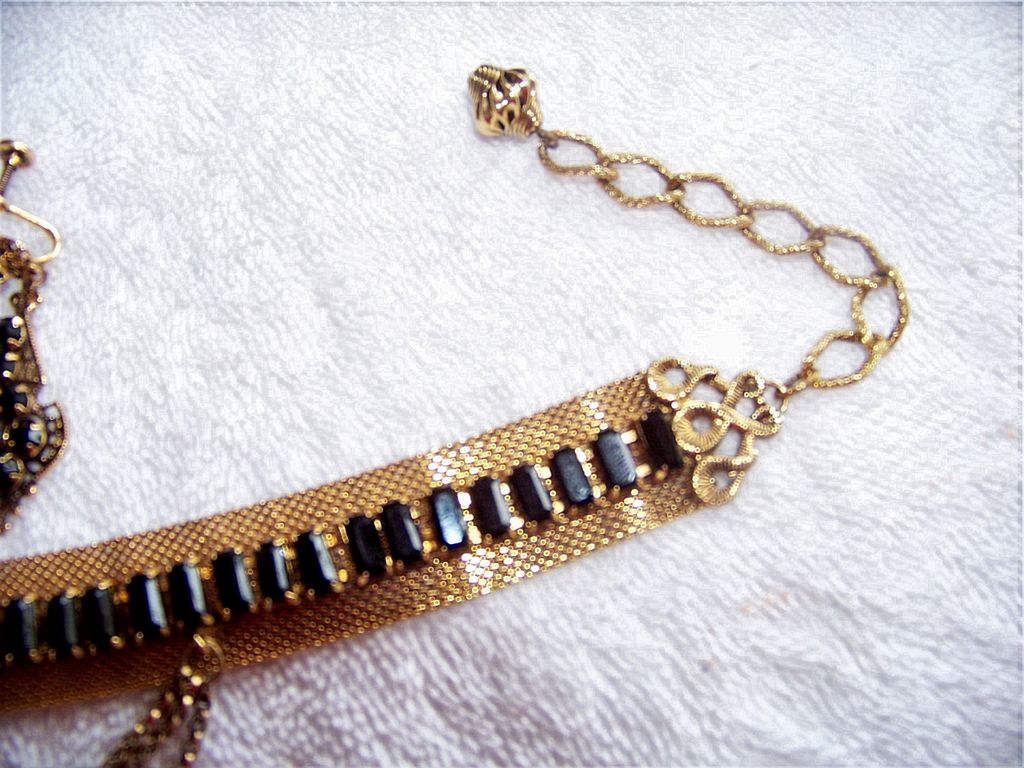 Edwardian Victorian Chocker Necklace & Earring Set, Black Glass, Gold Filled Edwardian Victorian Chocker Necklace & Earring Set, Black Glass, Gold Filled