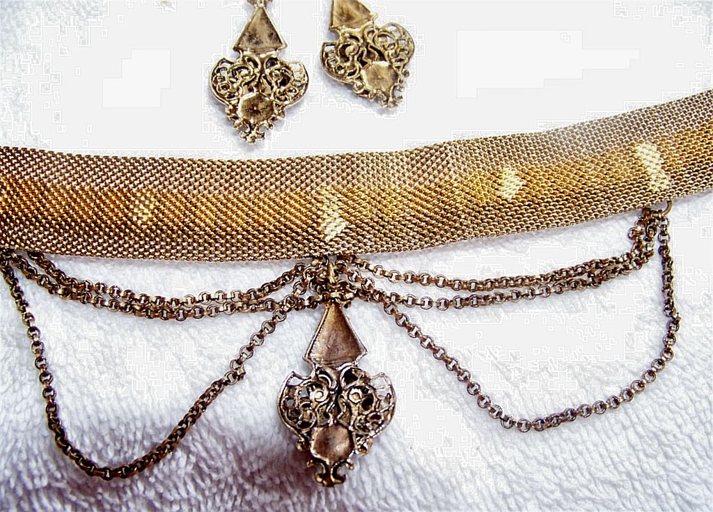 Edwardian Victorian Chocker Necklace & Earring Set, Black Glass, Gold Filled Edwardian Victorian Chocker Necklace & Earring Set, Black Glass, Gold Filled