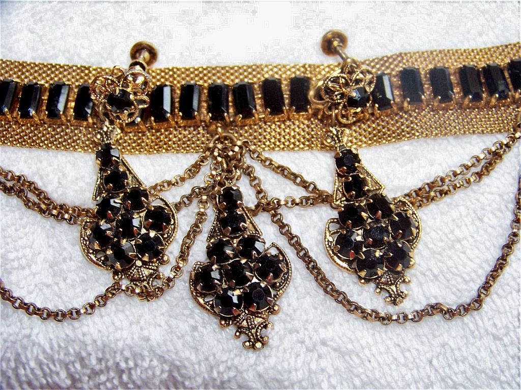 Edwardian Victorian Chocker Necklace & Earring Set, Black Glass, Gold Filled Edwardian Victorian Chocker Necklace & Earring Set, Black Glass, Gold Filled