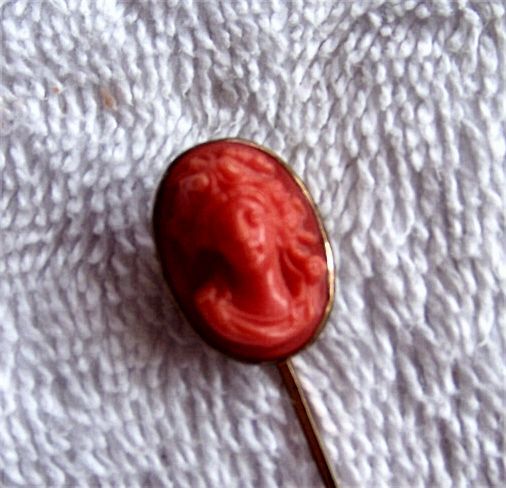 Antique, Victorian Cameo Faux Coral Woman's Head Stick Pin Antique, Victorian Cameo Faux Coral Woman's Head Stick Pin