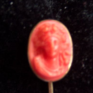 Antique, Victorian Cameo Faux Coral Woman's Head Stick Pin Antique, Victorian Cameo Faux Coral Woman's Head Stick Pin