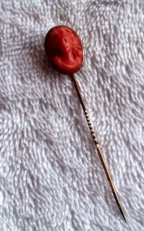 Antique, Victorian Cameo Faux Coral Woman's Head Stick Pin Antique, Victorian Cameo Faux Coral Woman's Head Stick Pin