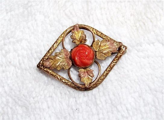 Victorian, Faux Coral Collar Brooch Pin, Rose & Leaves Victorian, Faux Coral Collar Brooch Pin, Rose & Leaves