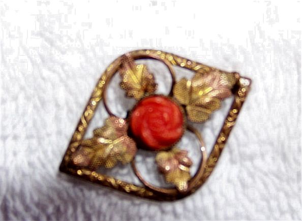 Victorian, Faux Coral Collar Brooch Pin, Rose & Leaves Victorian, Faux Coral Collar Brooch Pin, Rose & Leaves