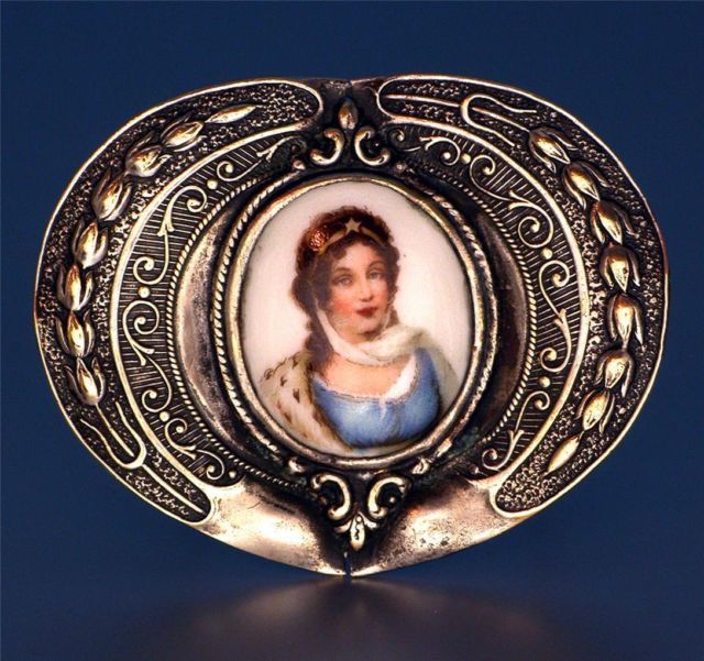 Large Antique, Victorian , Silver P, Hand Painted Portrait Sash Pin / Brooch Pin, c.1895 Large Antique, Victorian , Silver P, Hand Painted Portrait Sash Pin / Brooch Pin, c.1895