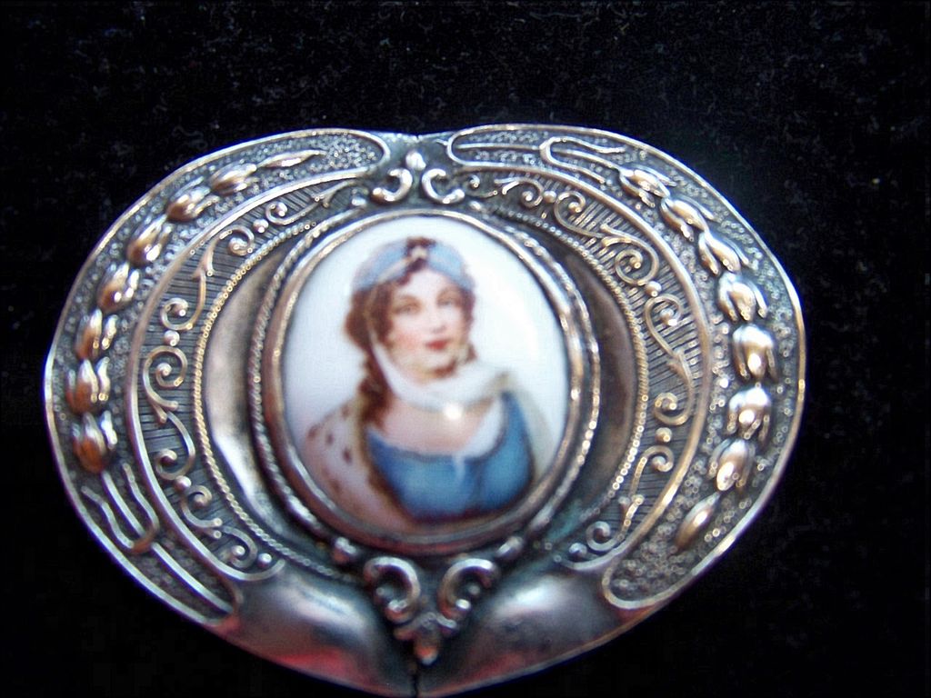Large Antique, Victorian , Silver P, Hand Painted Portrait Sash Pin / Brooch Pin, c.1895 Large Antique, Victorian , Silver P, Hand Painted Portrait Sash Pin / Brooch Pin, c.1895