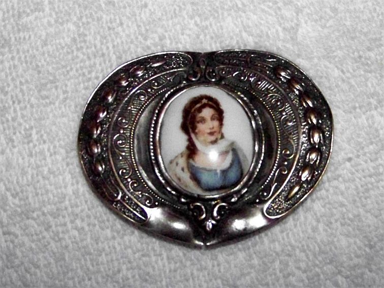 Large Antique, Victorian , Silver P, Hand Painted Portrait Sash Pin / Brooch Pin, c.1895 Large Antique, Victorian , Silver P, Hand Painted Portrait Sash Pin / Brooch Pin, c.1895