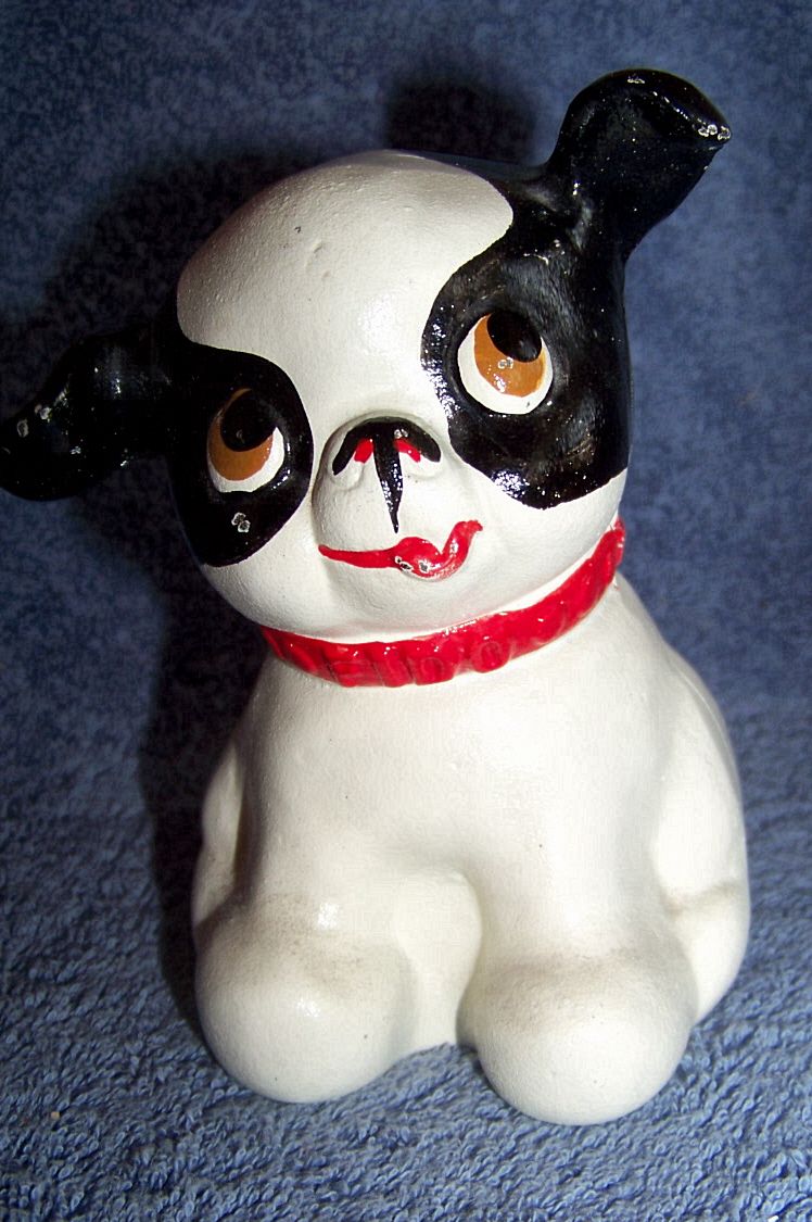 Vintage, Fido Cast Iron Still Dog Bank, Black & White Vintage, Fido Cast Iron Still Dog Bank, Black & White