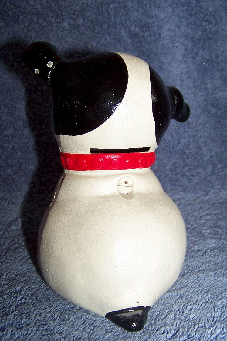 Vintage, Fido Cast Iron Still Dog Bank, Black & White Vintage, Fido Cast Iron Still Dog Bank, Black & White