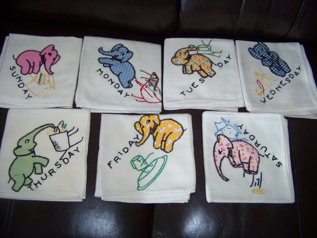 7 Elephant Days Of The Week, Flour Sack Dish Towels 7 Elephant Days Of The Week, Flour Sack Dish Towels