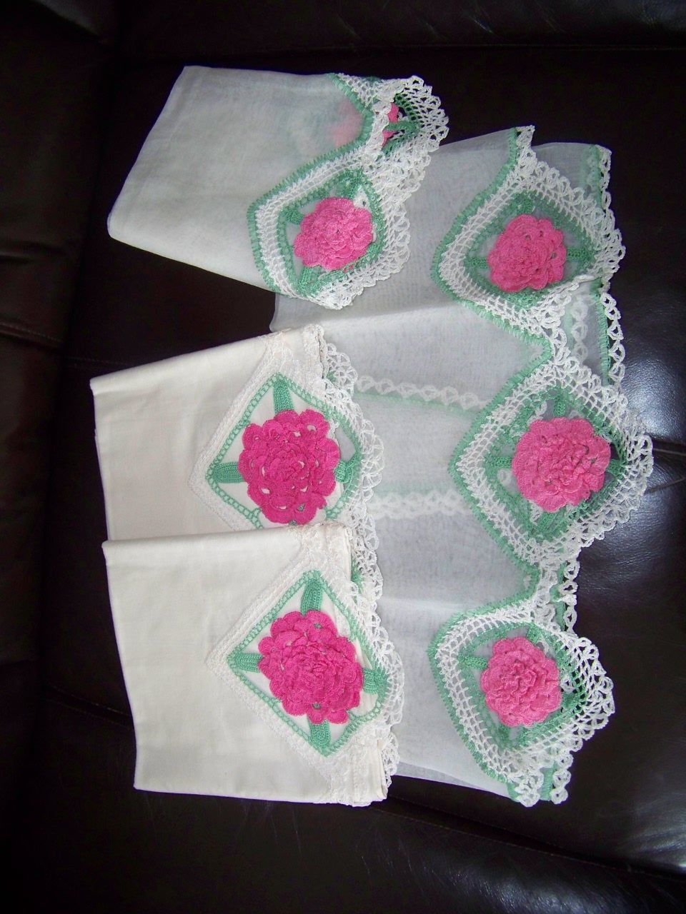 4 Piece Crochet Pillow & Matching Dresser Set, Pink Roses 4 Piece Crochet Pillow & Matching Dresser Set, Pink Roses