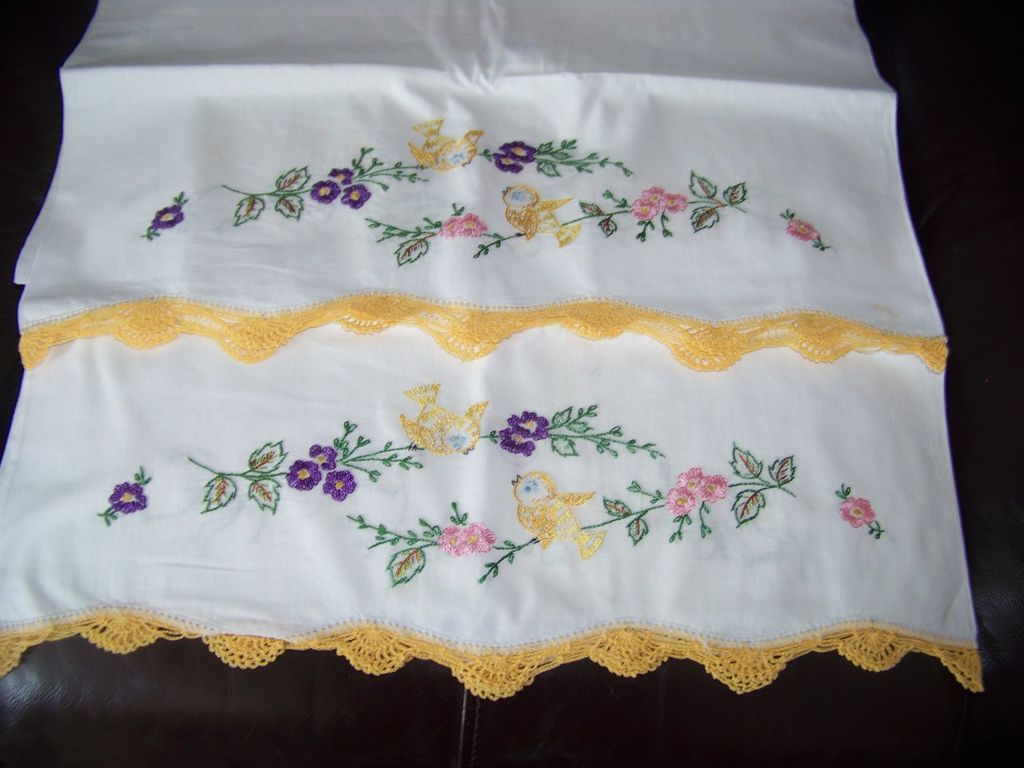 Pair Crochet & Embroidery Pillow cases, Floral & Birds Pair Crochet & Embroidery Pillow cases, Floral & Birds