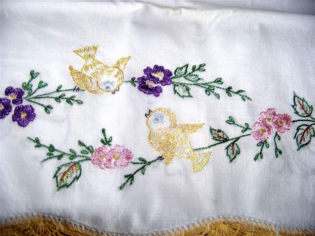 Pair Crochet & Embroidery Pillow cases, Floral & Birds Pair Crochet & Embroidery Pillow cases, Floral & Birds