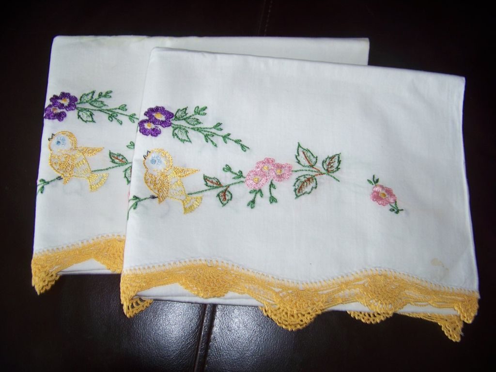 Pair Crochet & Embroidery Pillow cases, Floral & Birds Pair Crochet & Embroidery Pillow cases, Floral & Birds