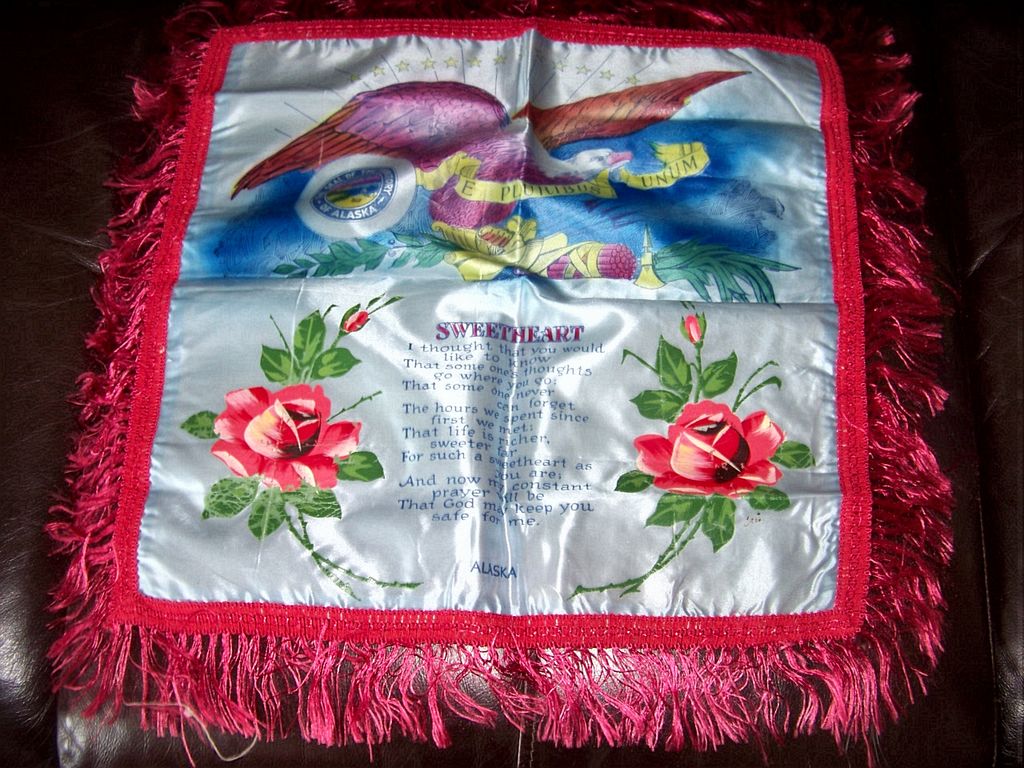 Territory Of Alaska Sweetheart Silk Pillow Cover W Fringe & Eagle Territory Of Alaska Sweetheart Silk Pillow Cover W Fringe & Eagle