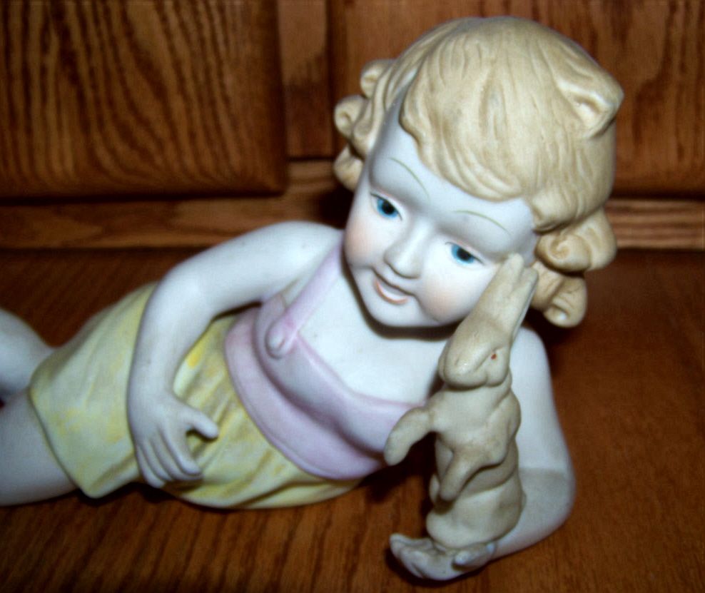 Vintage Bisque Large Panio Baby Figurine W Rabbit Vintage Bisque Large Panio Baby Figurine W Rabbit