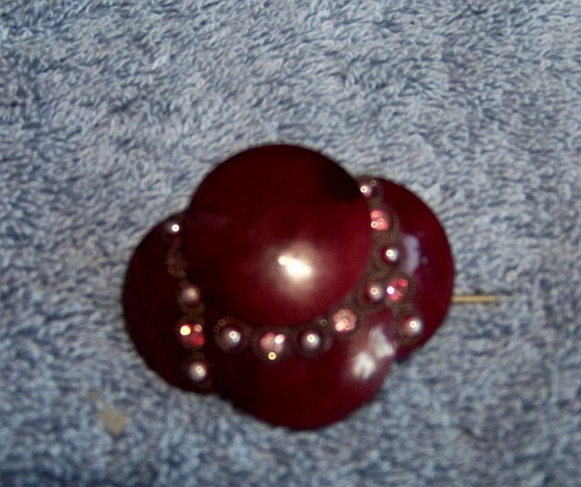 Vintage Maroon Plastic Hat / Coat , Pin W Pink Rhinestones & Faux Seed Pearls Vintage Maroon Plastic Hat / Coat , Pin W Pink Rhinestones & Faux Seed Pearls