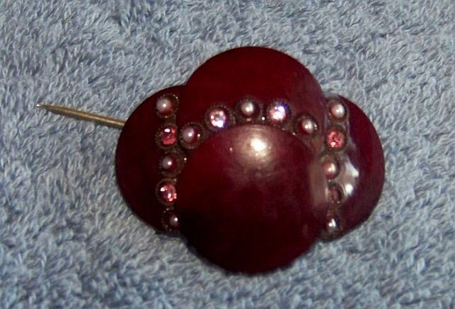 Vintage Maroon Plastic Hat / Coat , Pin W Pink Rhinestones & Faux Seed Pearls Vintage Maroon Plastic Hat / Coat , Pin W Pink Rhinestones & Faux Seed Pearls