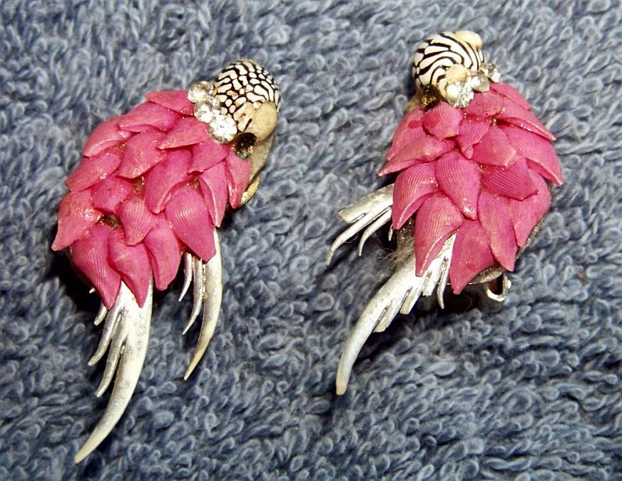 Parrot Earrings, Sea Shells & Rhinestones, Hand Painted Parrot Earrings, Sea Shells & Rhinestones, Hand Painted