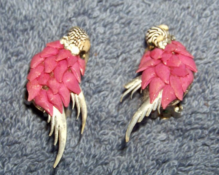 Parrot Earrings, Sea Shells & Rhinestones, Hand Painted Parrot Earrings, Sea Shells & Rhinestones, Hand Painted