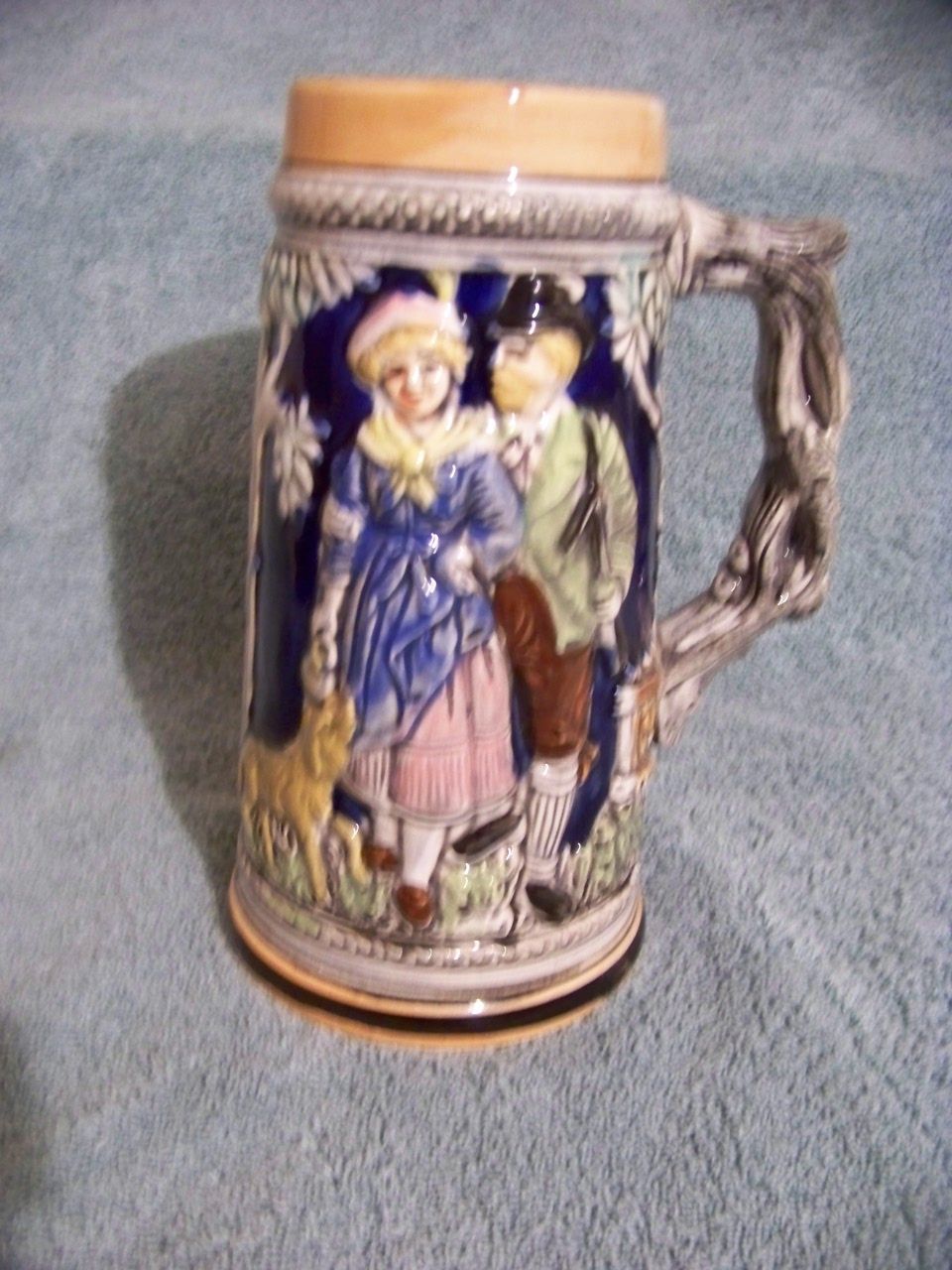 Large Beer Mug W Man Woman Dog & Trees Japan Large Beer Mug W Man Woman Dog & Trees Japan