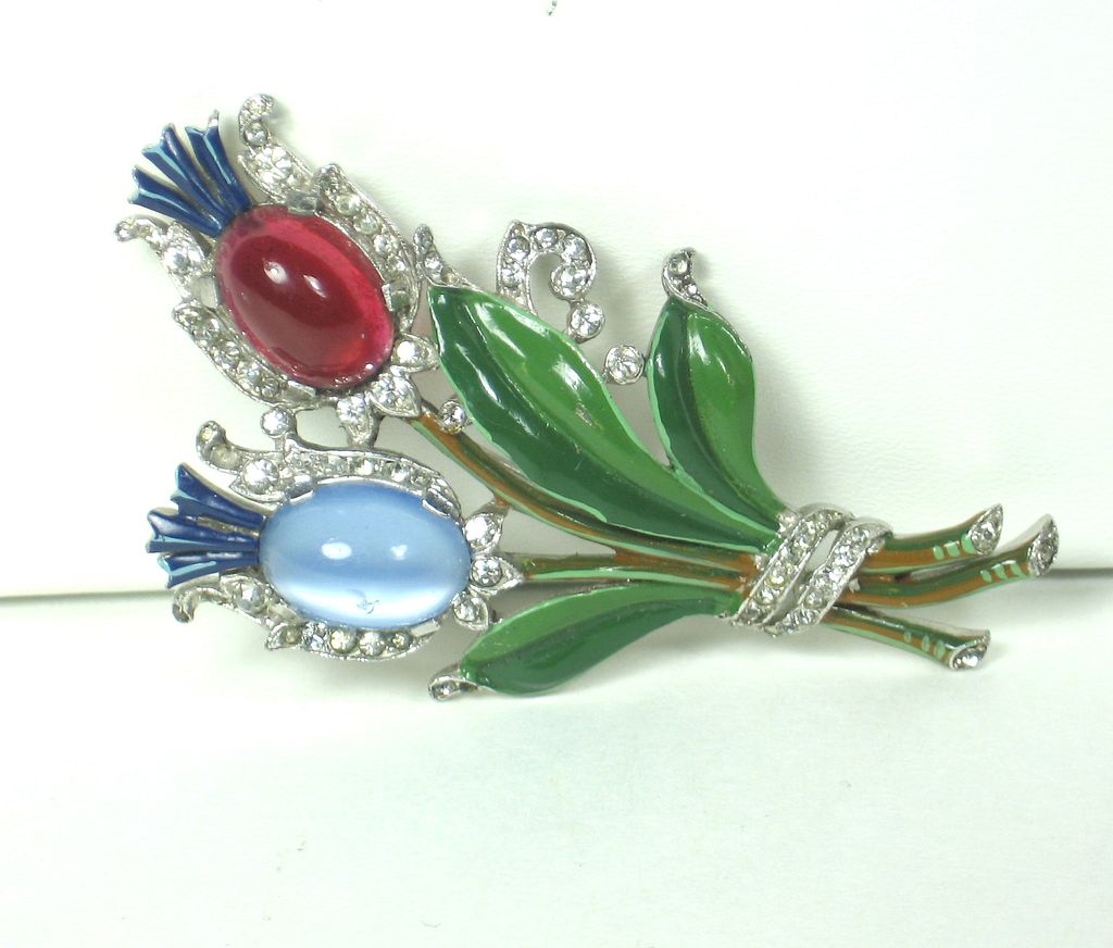 1940s Trifari Moonstone Cabochon Tulips Pin 1940s Trifari Moonstone Cabochon Tulips Pin
