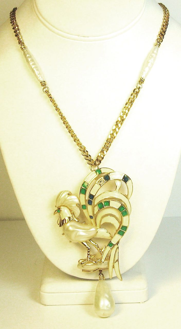 Hattie Carnegie K.J.L. Designed Imitation Pearl Necklace and Enamel Rooster Pendant Pin Hattie Carnegie K.J.L. Designed Imitation Pearl Necklace and Enamel Rooster Pendant Pin