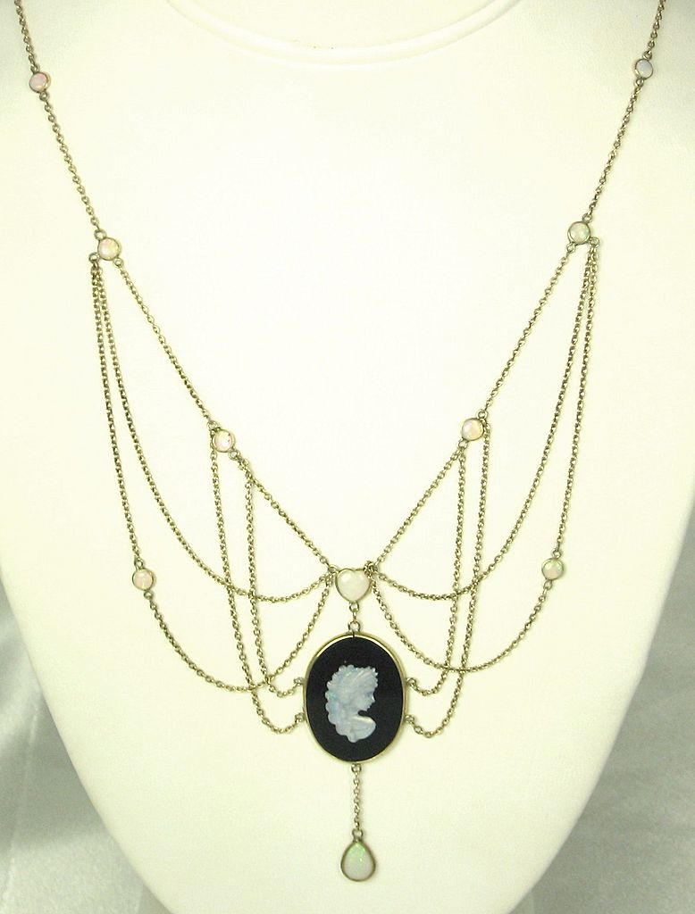 Vintage Antique 9kt Gold, 3.00ct Opal, and Onyx Cameo Necklace from judysgems on Ruby Lane