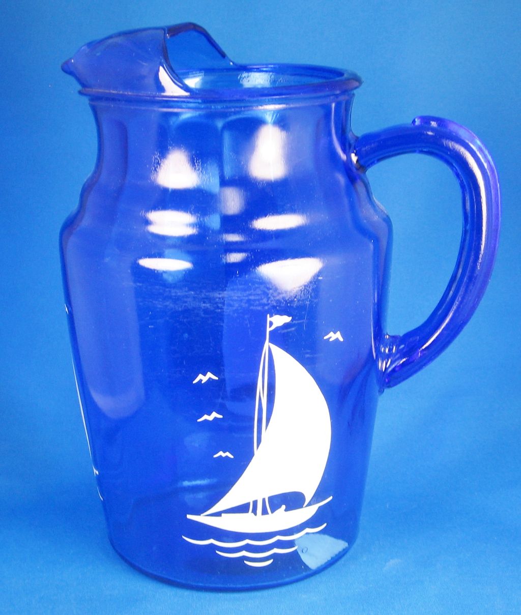 1930s Depression Glass Cobalt Blue Hazel Atlas Sailboat Patterned Pitcher and Glasses 1930s Depression Glass Cobalt Blue Hazel Atlas Sailboat Patterned Pitcher and Glasses