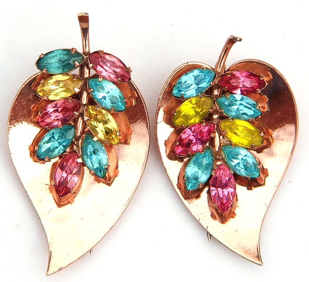 Vintage Set of Coro Sterling and Rhinestone Leaf Fur/Sweater Clips! Spectacular! Vintage Set of Coro Sterling and Rhinestone Leaf Fur/Sweater Clips! Spectacular!