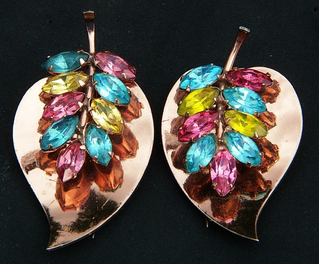 Vintage Set of Coro Sterling and Rhinestone Leaf Fur/Sweater Clips! Spectacular! Vintage Set of Coro Sterling and Rhinestone Leaf Fur/Sweater Clips! Spectacular!