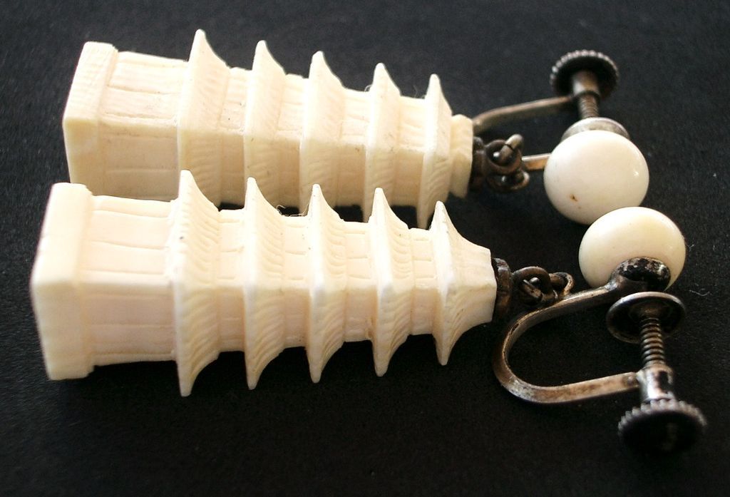 Beautiful Pair of Hand Carved Ivory Pagoda Earrings Beautiful Pair of Hand Carved Ivory Pagoda Earrings