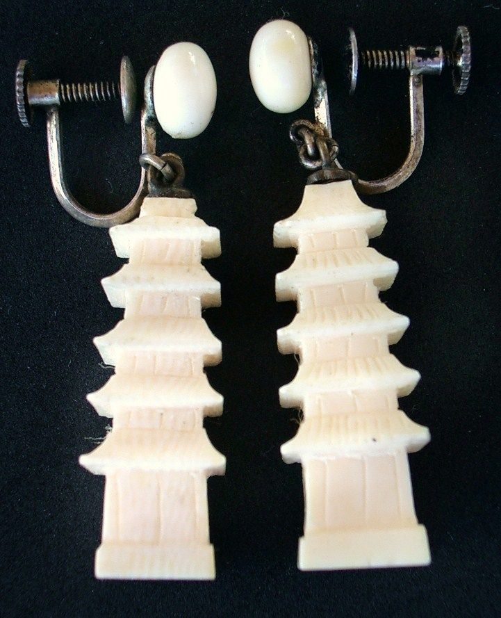 Beautiful Pair of Hand Carved Ivory Pagoda Earrings Beautiful Pair of Hand Carved Ivory Pagoda Earrings
