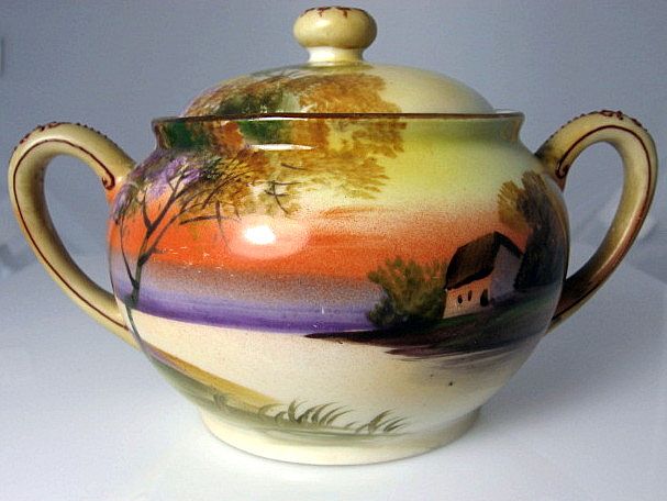 Noritake Nippon Hand Painted Sugar Bowl Tree in the Meadow-1918 Noritake Nippon Hand Painted Sugar Bowl Tree in the Meadow-1918
