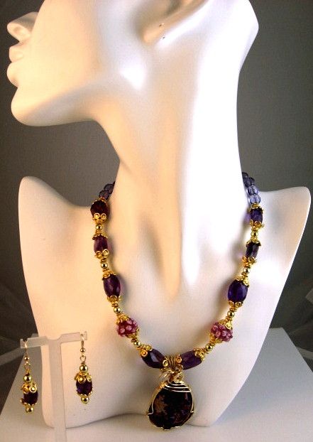 Purple Ocean Jasper and Amethyst Gemstone Pendant Necklace & Earring Set Purple Ocean Jasper and Amethyst Gemstone Pendant Necklace & Earring Set