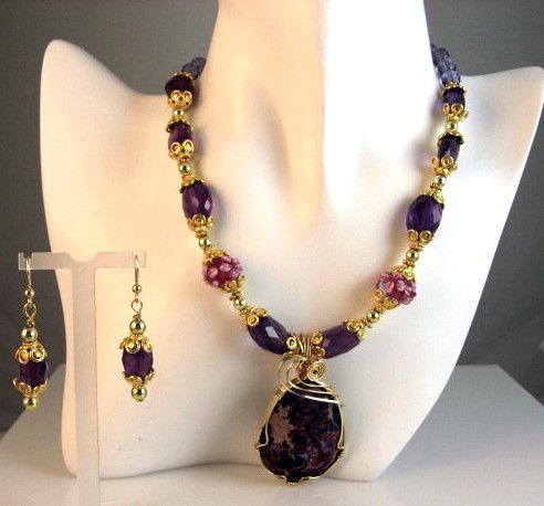 Purple Ocean Jasper and Amethyst Gemstone Pendant Necklace & Earring Set Purple Ocean Jasper and Amethyst Gemstone Pendant Necklace & Earring Set